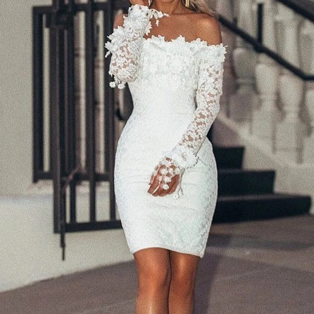 Valeria – Witte Kanten Off-Shoulder Bodycon Midi Jurk voor Dames | Elegant & Tijdloos